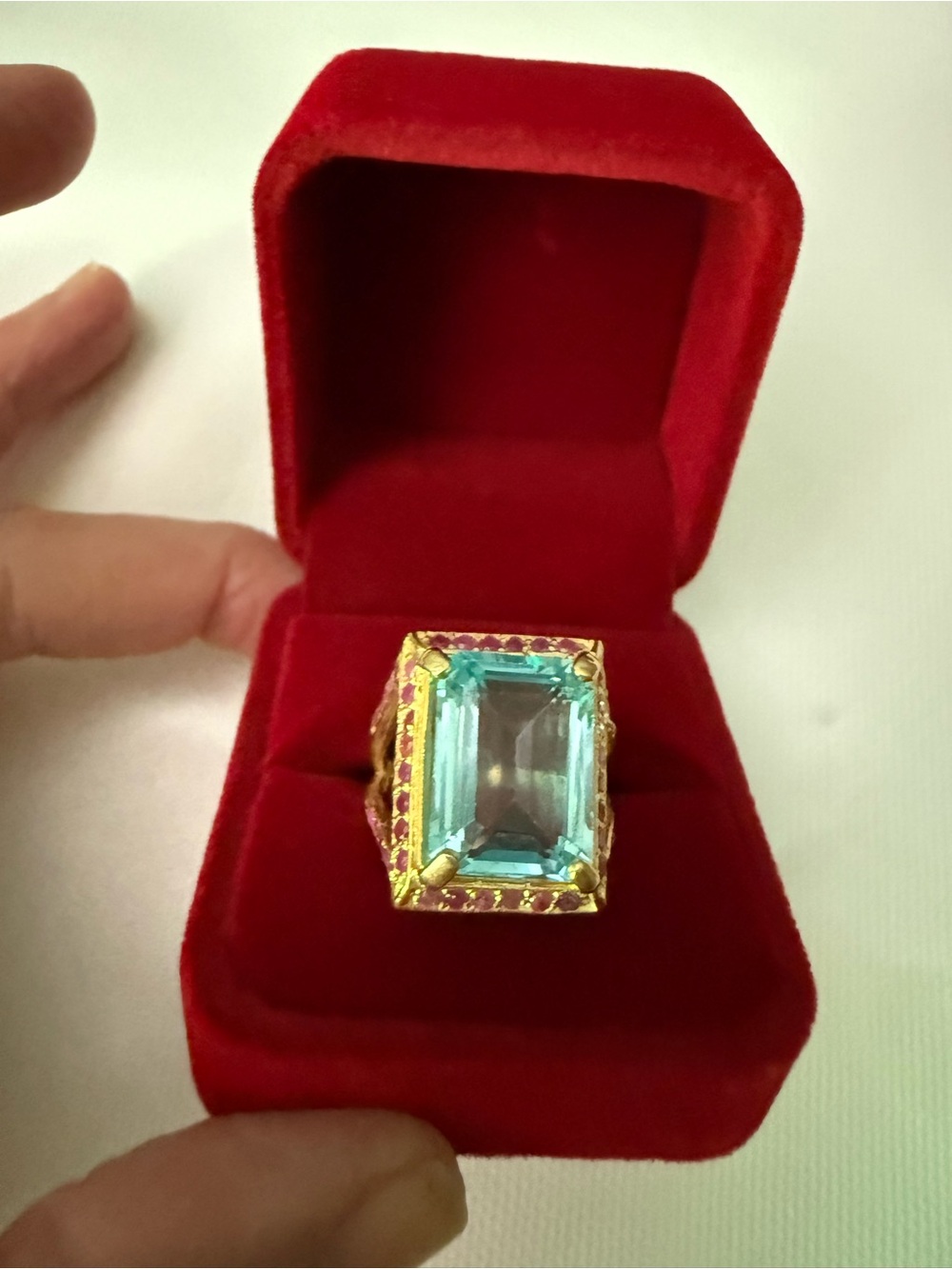 Gold-Tone Blue Emerald and Ruby -Cut Cocktail Ring